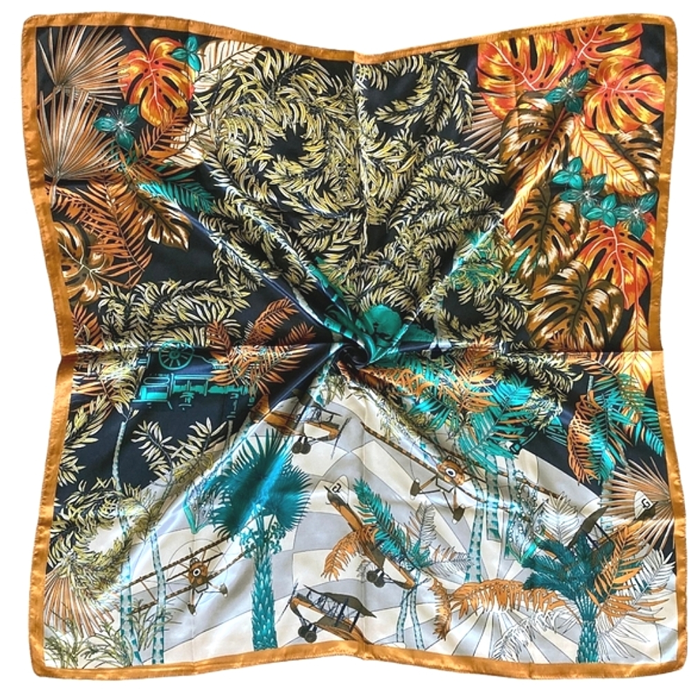 Satin square scarf Gold tan Safari Tropical print neck hair bandana casual💖